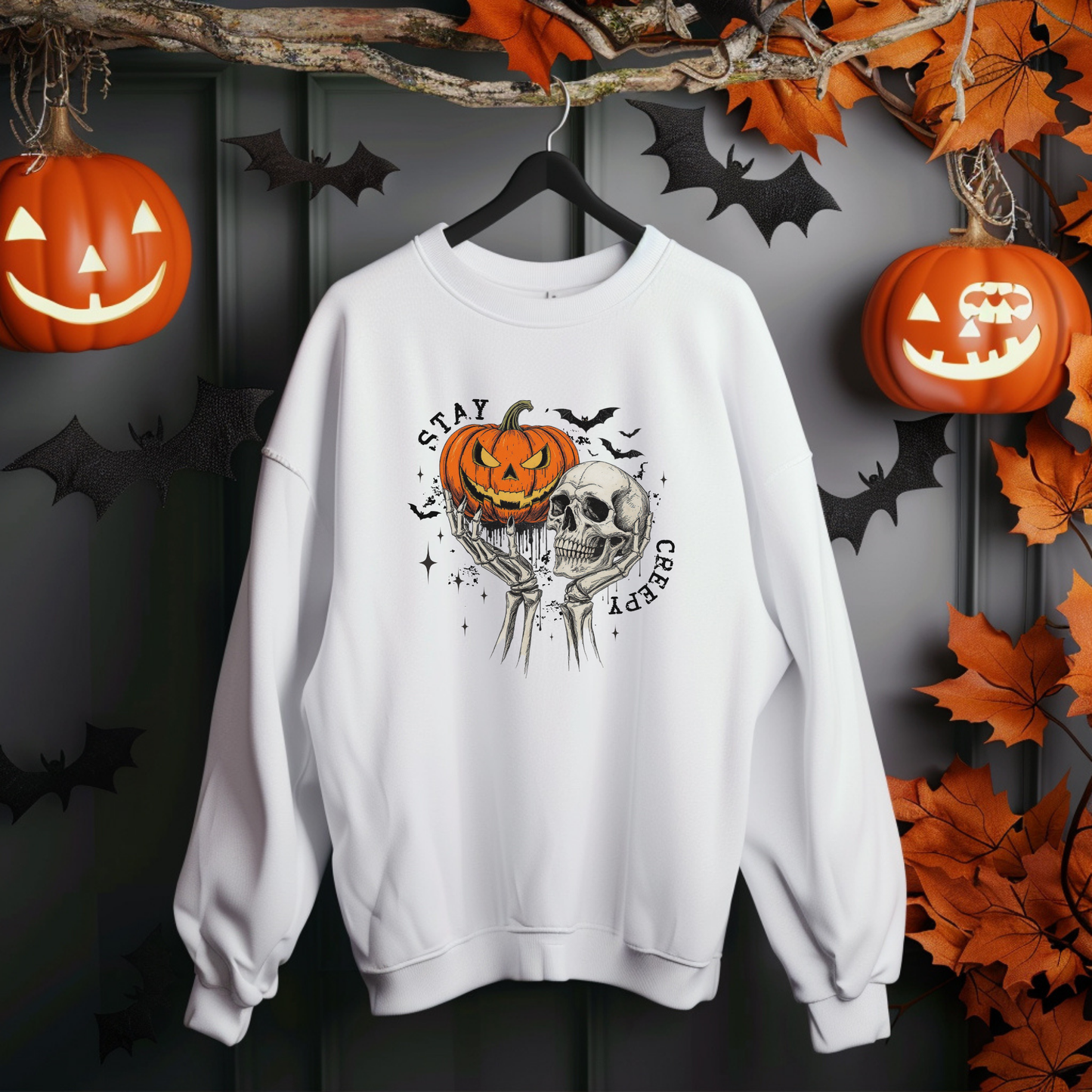 Stay Creepy Halloween Sweatshirt – Pumpkin & Skull Vintage Graphic