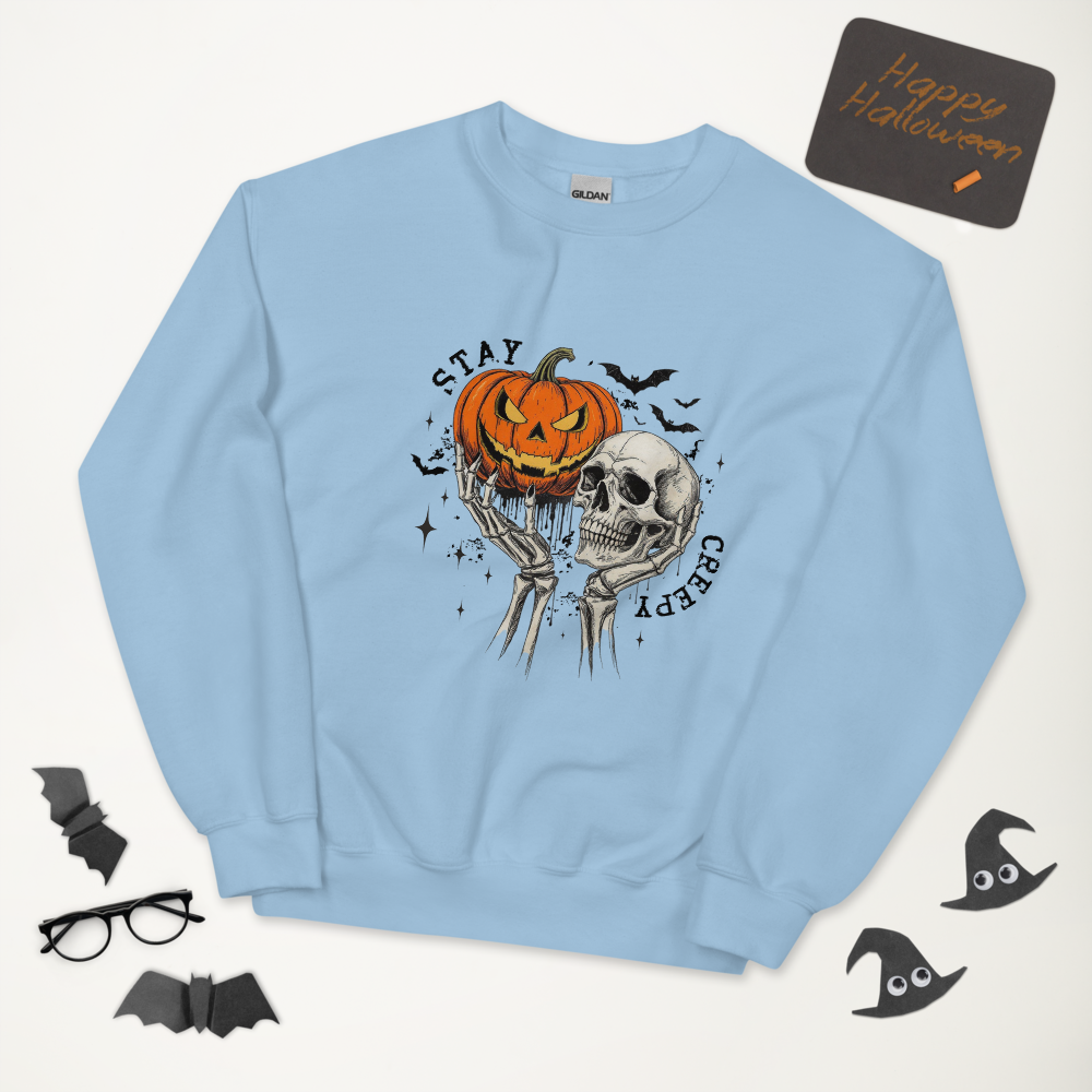 Stay Creepy Halloween Sweatshirt – Pumpkin & Skull Vintage Graphic