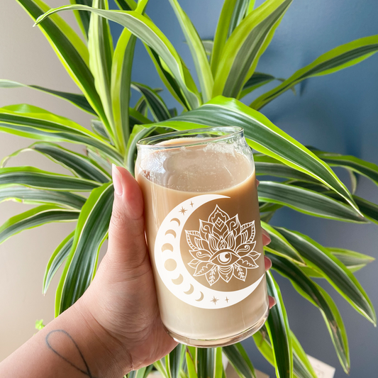 Crescent Moon and Lotus Flower Beer Can Glass