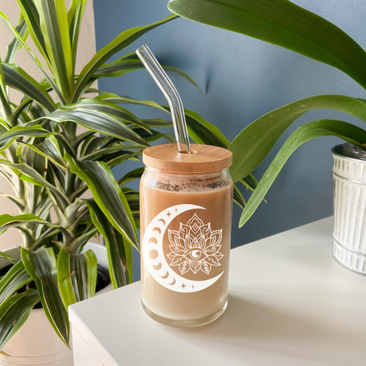 Crescent Moon and Lotus Flower Beer Can Glass