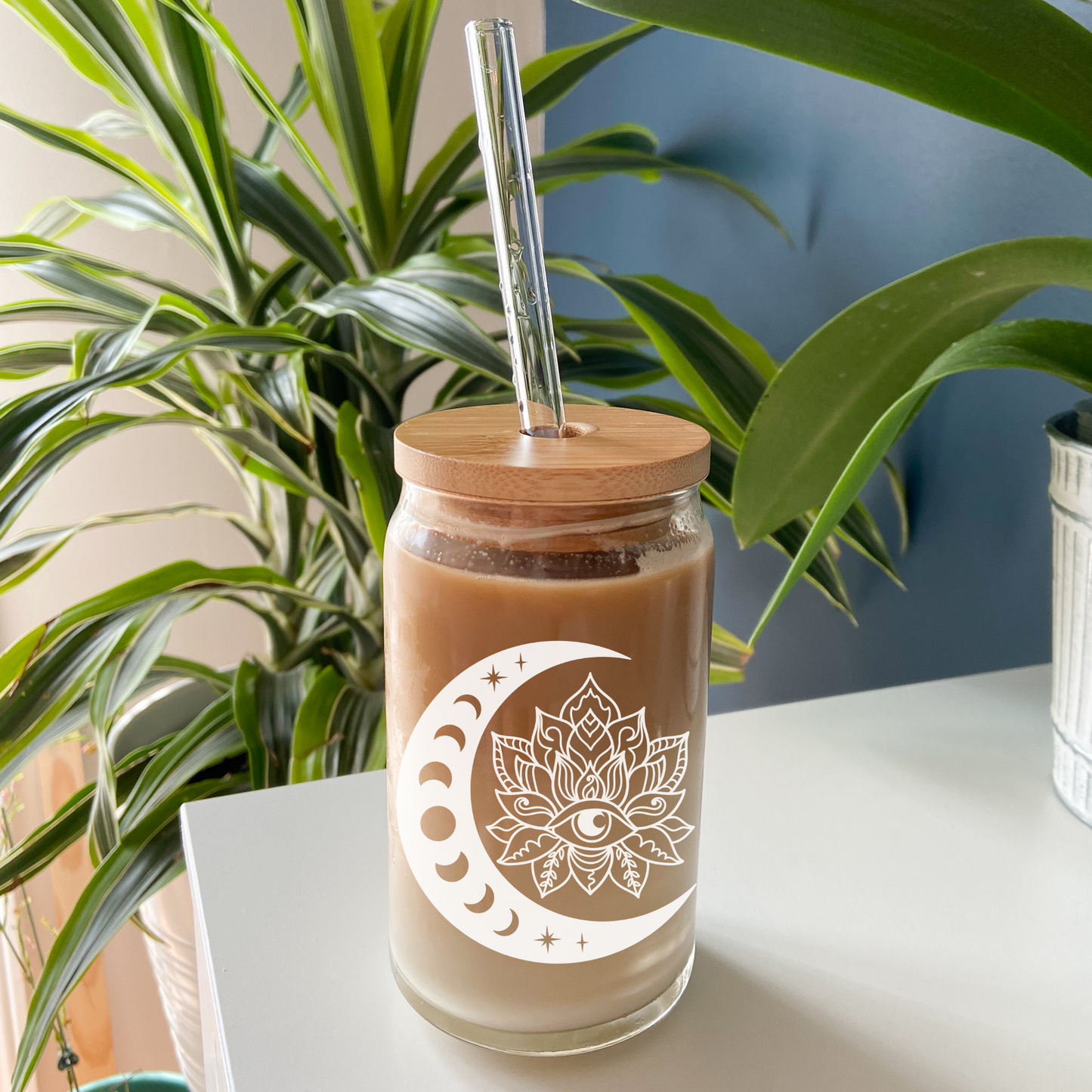 Crescent Moon and Lotus Flower Beer Can Glass