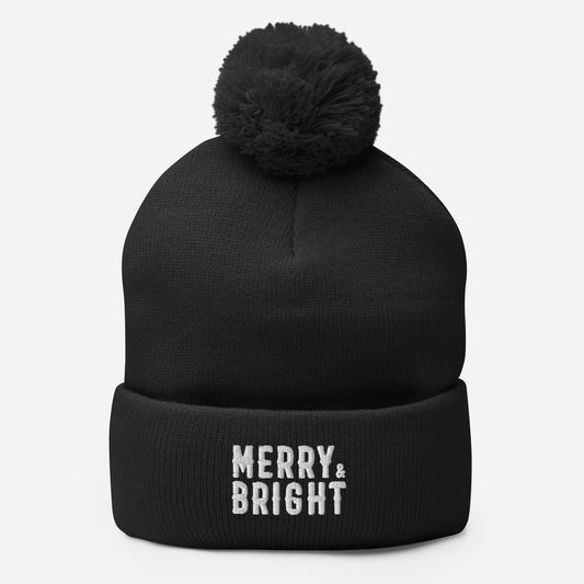 Merry and Bright Embroidered Pom-Pom Beanie