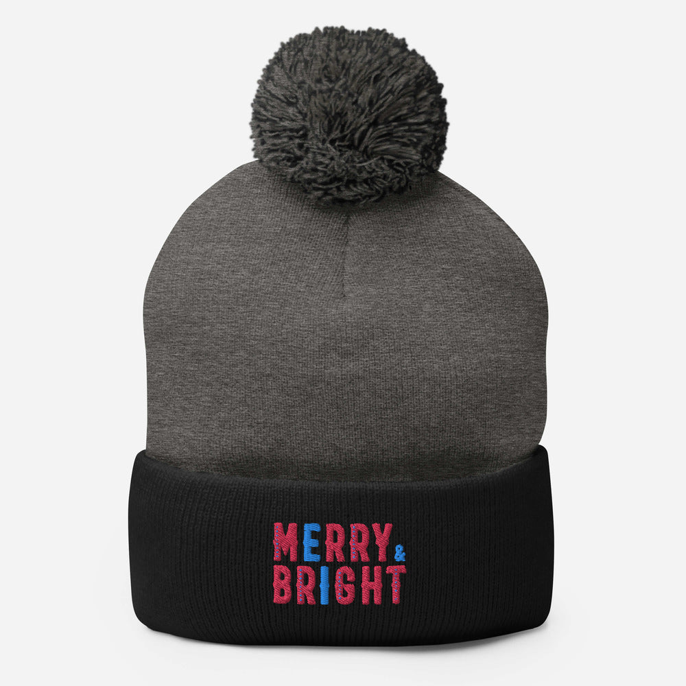 Merry and Bright Multi-Colour Embroidered Pom-Pom Beanie
