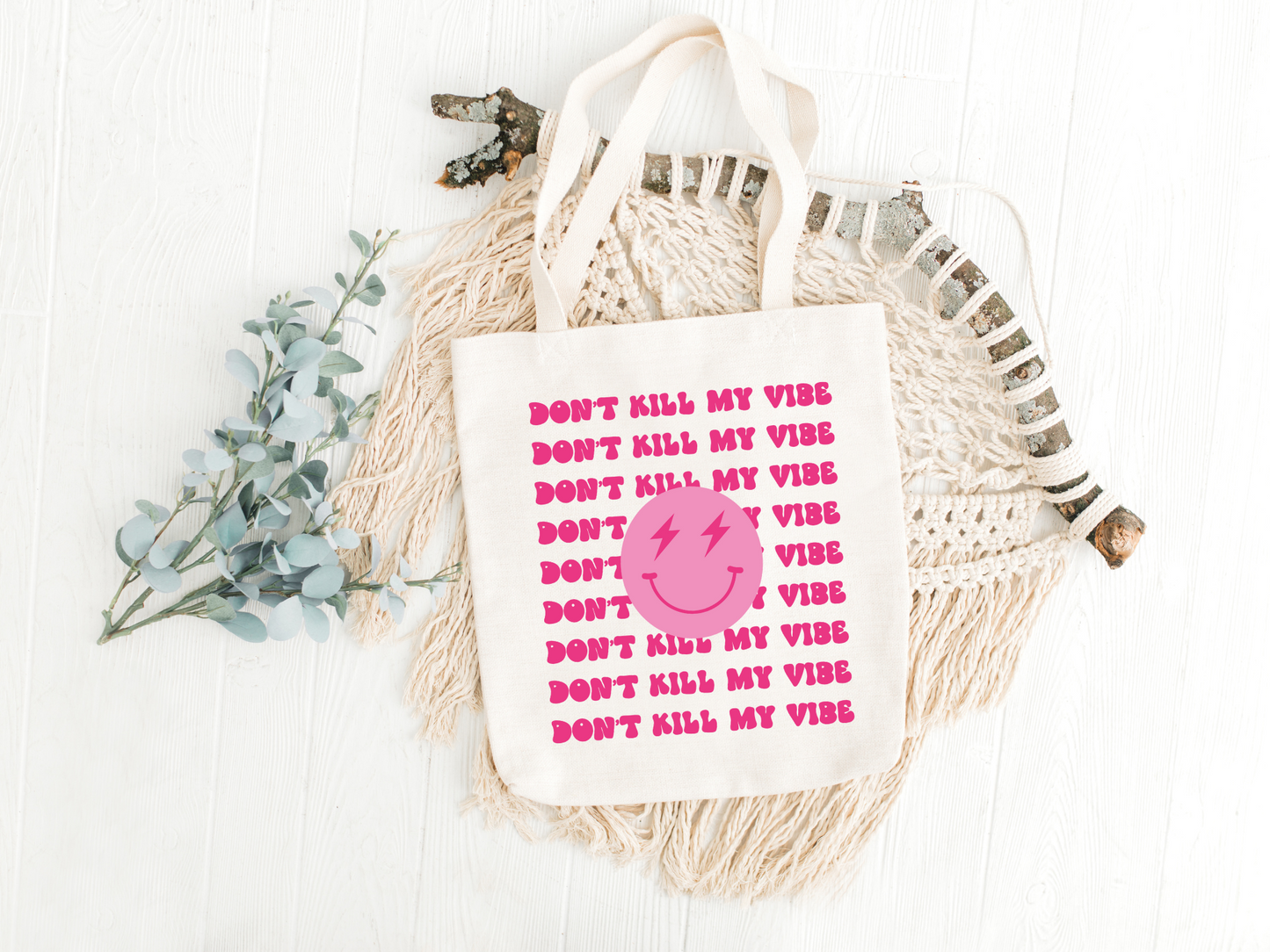 Don't Kill My Vibe Retro Smiley Face Tote Bag