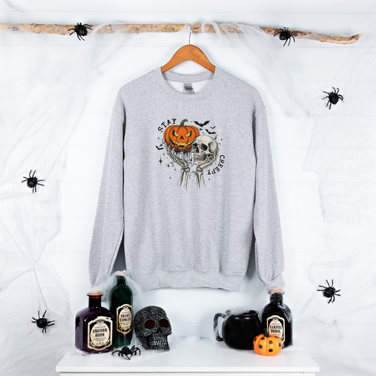 Stay Creepy Halloween Sweatshirt – Pumpkin & Skull Vintage Graphic