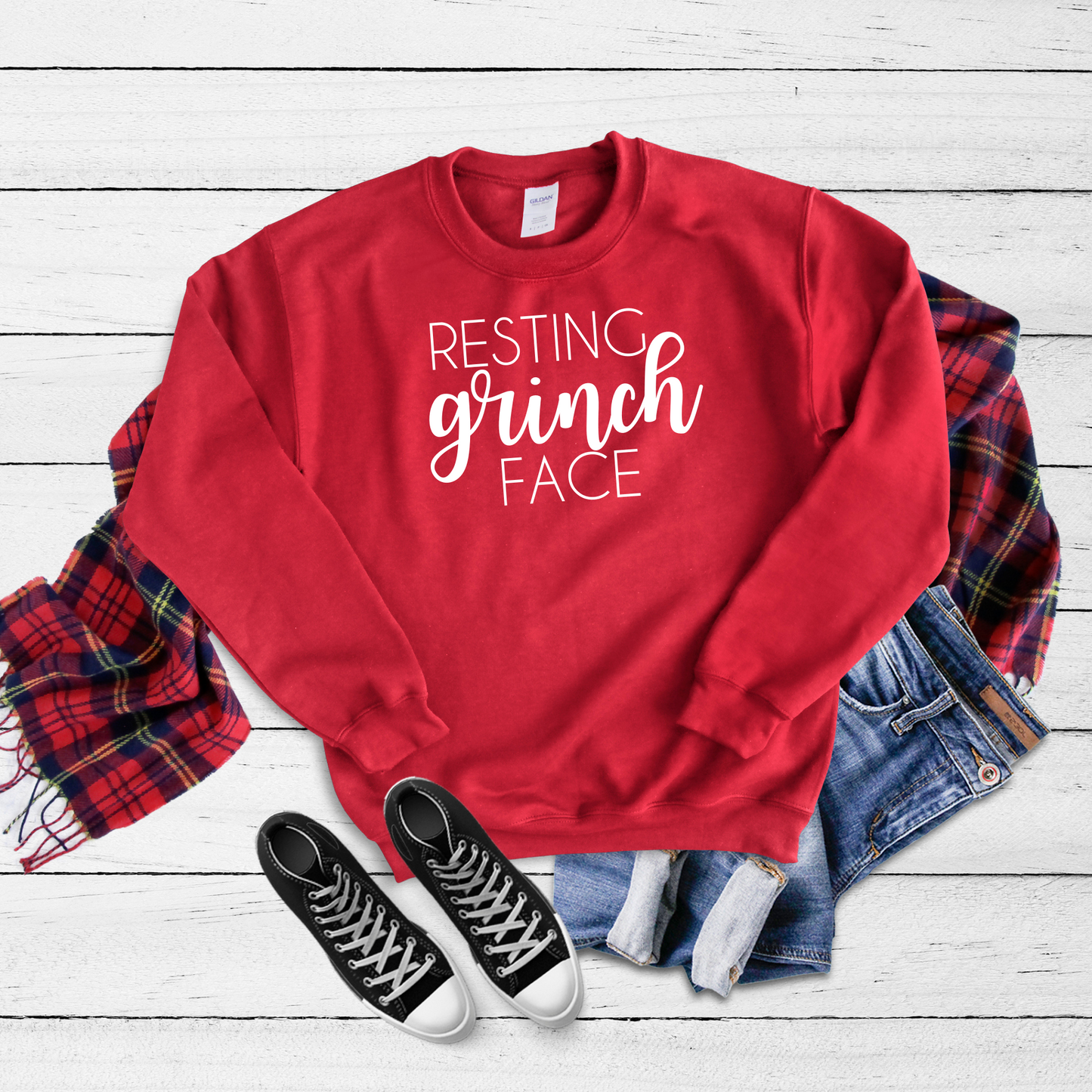 Resting Grinch Face Crewneck Sweatshirt - Cherry Red