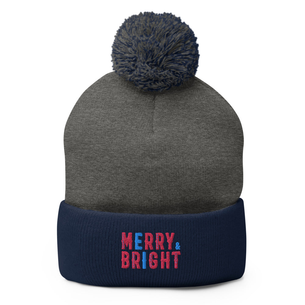 Merry and Bright Multi-Colour Embroidered Pom-Pom Beanie